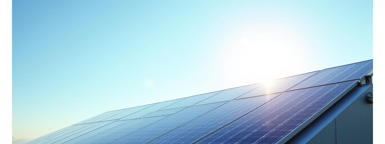 Solar panels on a modern rooftop with a bright sun, symbolizing renewable energy and future solutions.