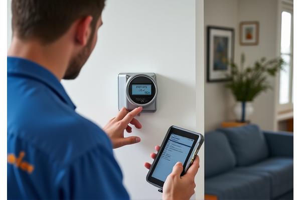 Engineer installing smart energy meter with tools