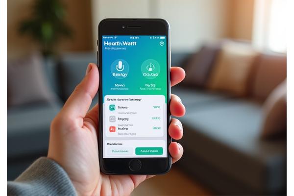 Smartphone displaying HearthWatt energy app with balance and top-up options